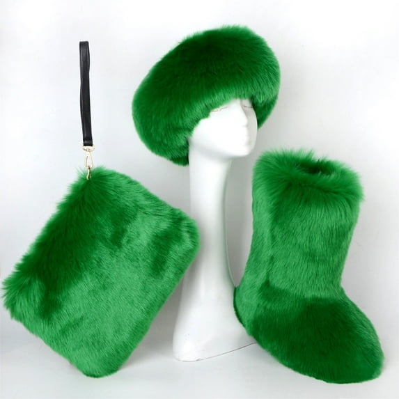 Women's Winter Warm Plush Headband, Handbag, Snow Boots and Fur Three Piece Set with Fleece Imitation Fur Mid Top Boots