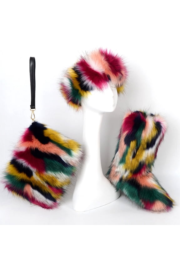 Women's Winter Warm Plush Headband, Handbag, Snow Boots and Fur Three Piece Set with Fleece Imitation Fur Mid Top Boots