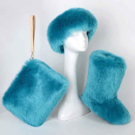 Women's Winter Warm Plush Headband, Handbag, Snow Boots and Fur Three Piece Set with Fleece Imitation Fur Mid Top Boots