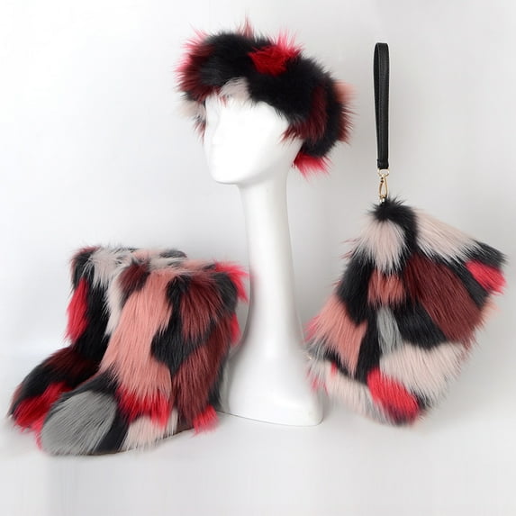 Women's Winter Warm Plush Headband, Handbag, Snow Boots and Fur Three Piece Set with Fleece Imitation Fur Mid Top Boots