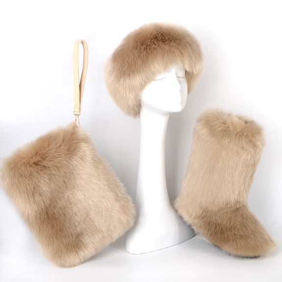 Women's Winter Warm Plush Headband, Handbag, Snow Boots and Fur Three Piece Set with Fleece Imitation Fur Mid Top Boots