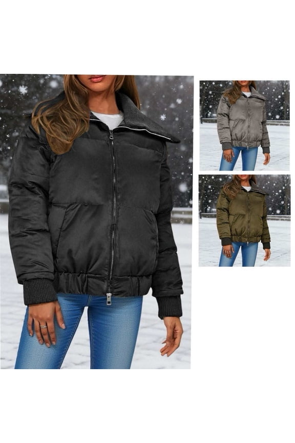 Women's Winter Warm Quilted Jacket Coat, Solid Color Stand Collar Windproof Thickened Puffer Jacket Outerwear, Thermal Insulated Cold Weather Coat for Fall Winter Season | CSEONE,Army Green L