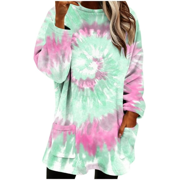 Women‘s Winter Warm Round Neck Side Pocket Printing Long Sleeved Thick Hood Top Basic Fall Clothes Outfits Winter Clothing