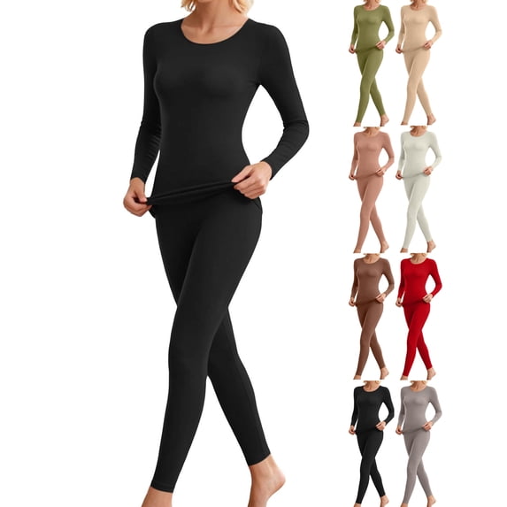 Womens Soft Stretch Thermal Set,2 Piece Crew Neck Top and Long Pant,Lightweight Basic Warm Winter Pajamas