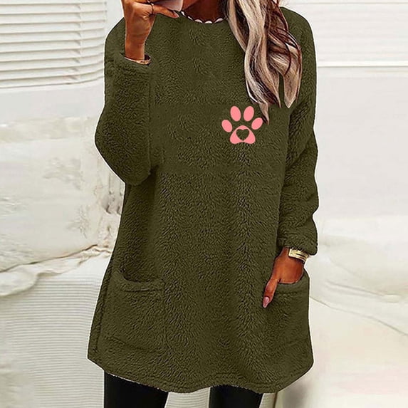 Women's Winter Warm Sherpa Lined Fleece Crewneck Sweatshirt Pullover Loungewear Tunic Tops Army Green XL