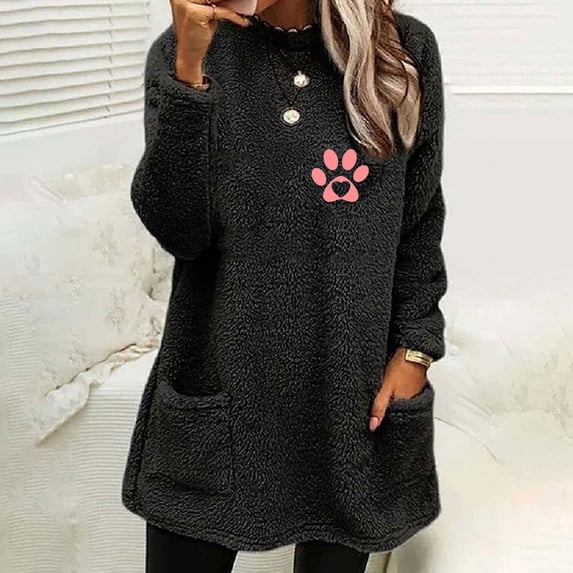 Women's Winter Warm Sherpa Lined Fleece Crewneck Sweatshirt Pullover Loungewear Tunic Tops Black M