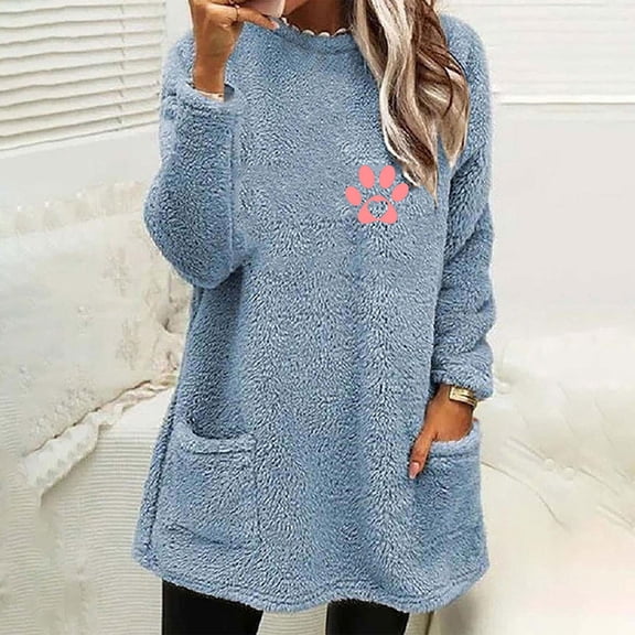 Women's Winter Warm Sherpa Lined Fleece Crewneck Sweatshirt Pullover Loungewear Tunic Tops Blue XL