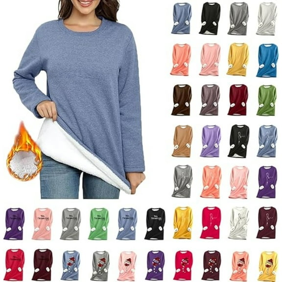Women's Winter Warm Sherpa Lined Fleece Crewneck Sweatshirt Pullover Loungewear Tunic Tops Solid Color Sweatshirt Long Sleeve Pullover Loungewear ﻿
