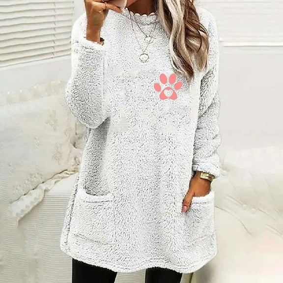 Women's Winter Warm Sherpa Lined Fleece Crewneck Sweatshirt Pullover Loungewear Tunic Tops White S