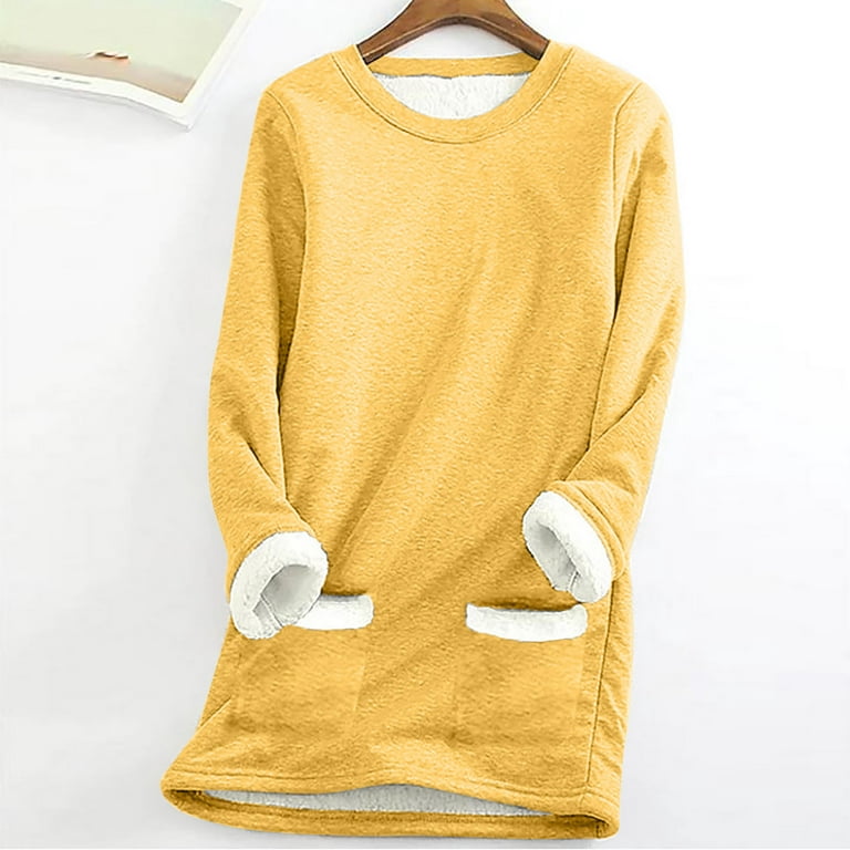 Womens Long Sleeve Crewneck Basic T Shirt - Fall Winter Warm Thick Fleece  Shirts Wool Velvet Tee Thermal Underwear Tops