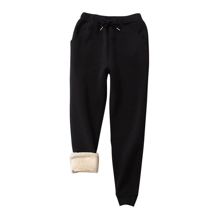 Women's Winter Warm Sherpa Lined Pants Solid High Waist Drawstring Stretchy  Fleece Thermal Trousers with Pockets 