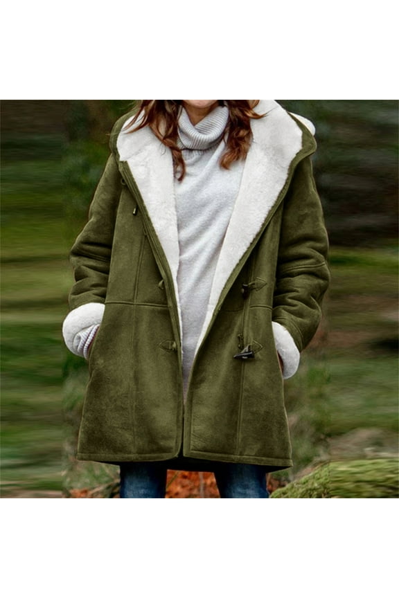 Women's Winter Warm Sherpa Lined Suede Leather Longline Coat with Horn Buttons,Oversized Sherpa Fleece Outerwear Overcoat for Women