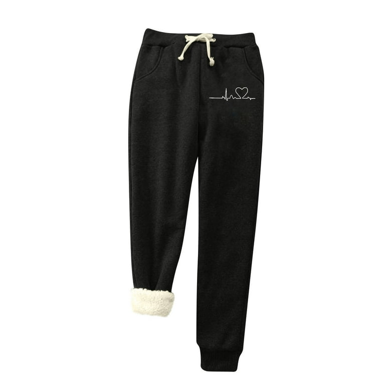Women's Winter Warm Sherpa Lined Sweatpants Drawstring Elastic High Waisted  Athletic Jogger Fleece Pants with Pockets
