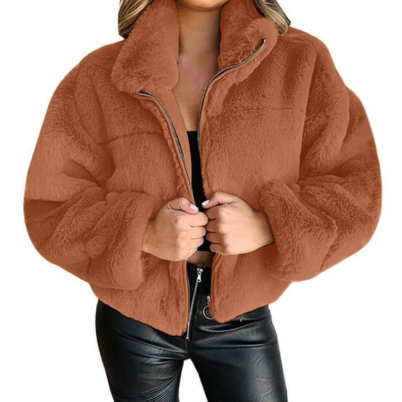 Women's Winter Warm Short Coat Lapel Zipper Fleece Jacket Coat with Pockets