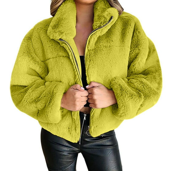 Women's Winter Warm Short Coat Lapel Zipper Fleece Jacket Coat with Pockets