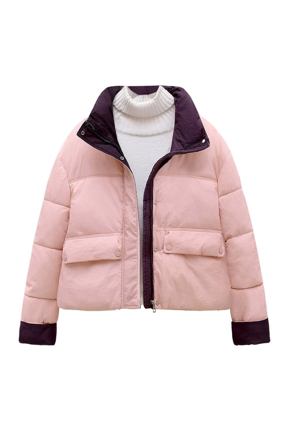 Women's Winter Warm Short Cotton Padded Jacket Stand Collar Baggy Zip Up Short Quilted Jacket Outerwear (L, Pink)