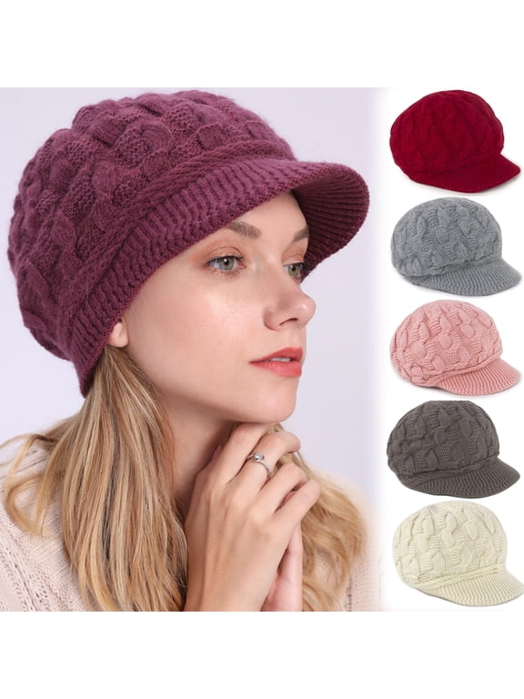 Women's Winter Warm Slouchy Cable Knit Beanie Skull Hat with Visor
