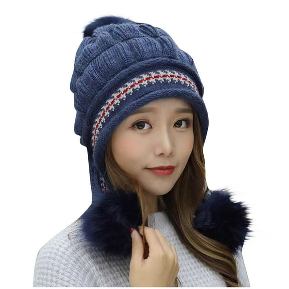 Women's Winter Warm Soft Ear Protection Knitted Sherpa Pompoms Ski Hats Fleece Lined Cover Ears Beanie Hat for Teen Girls