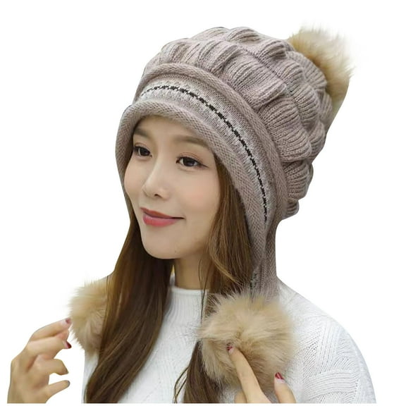 Women's Winter Warm Soft Ear Protection Knitted Sherpa Pompoms Ski Hats Fleece Lined Cover Ears Beanie Hat for Teen Girls