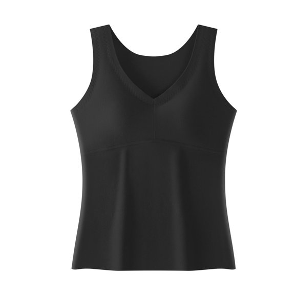 Women's Winter Warm Solid Color Tank Top - Seamless with Built-In Padded, Fleece-Lined All-in-One Innerwear & Base Layer for Cold Days Black L