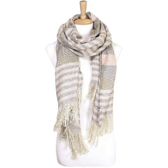 Women's Winter Warm Stripe Oblong Scarf with Fringe Pink