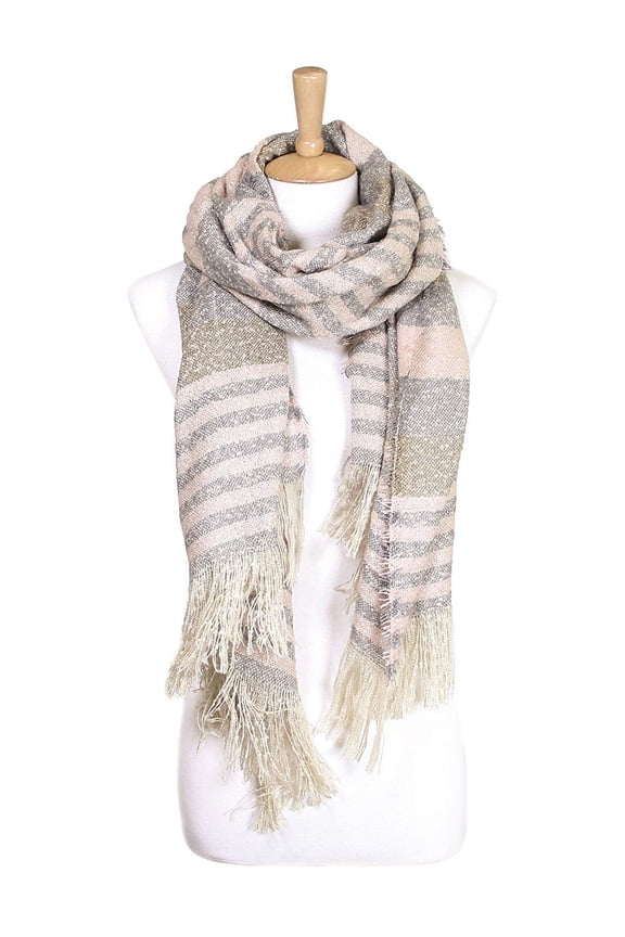 Women's Winter Warm Stripe Oblong Scarf with Fringe Pink