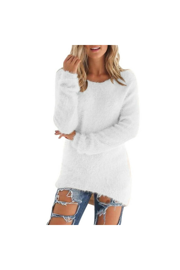 Women's Winter Warm Sweater Long Sleeve Crew Neck Pullover Tops Loose Fluffy Fuzzy Jumper Sweater Tunic