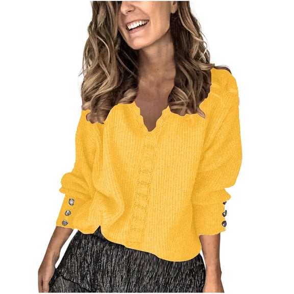 Women's Winter Warm Sweaters Casual Long Sleeve Solid Color Button V Neck Yellow Fall Clothing (5XL)