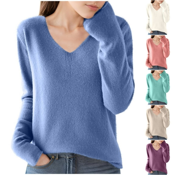 Women's Winter Warm Sweaters Casual Solid Color Long Sleeved Knitted Thin V Neck Blue Fall Clothing (M)
