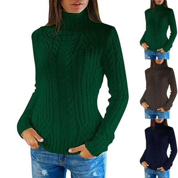Women's Winter Warm Sweaters Casual Solid Color Round Neck Long Sleeved Turtleneck Green Fall Clothing (XL)
