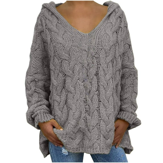 Women's Winter Warm Sweaters Loose Large Size Solid Color Hooded Long-sleeved V Neck Gray Fall Clothing (XL)