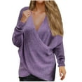 thumbnail image 1 of Women's Winter Warm Sweaters Solid Color Long Sleeved Knitted Loose V Neck Purple Fall Clothing (3XL), 1 of 8