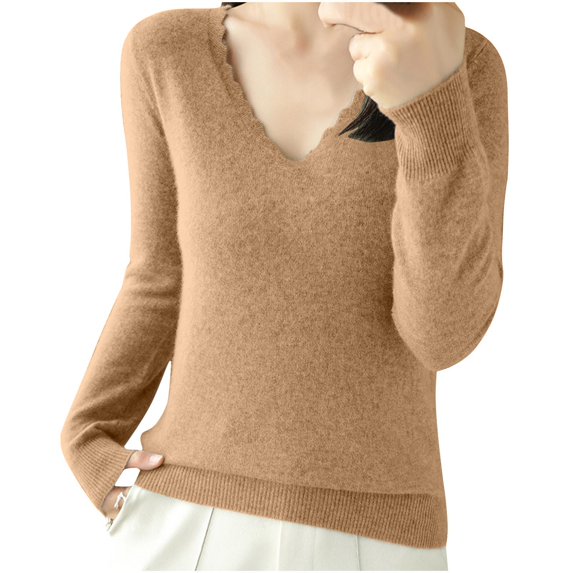 Women's Winter Warm Sweaters Solid Color Loose Casual Base Knitted Gold V Neck Fall Clothing S-2XL