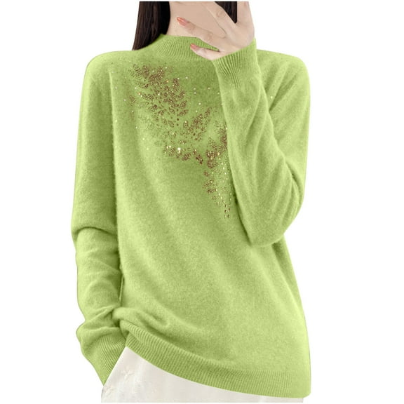 Women's Winter Warm Sweaters Solid Color Round Neck Rhinestone Half Knitted Base Green Fall Clothing Turtleneck M-2XL