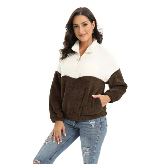 Women's Winter Warm Sweatshirt Fuzzy Fleece Sweatshirt Long Sleeve 1/4 Zip Pullover Sherpa Sweatshirt Color Block Winter Fluffy Coat Jumper Tops with Pockets, S-2XL