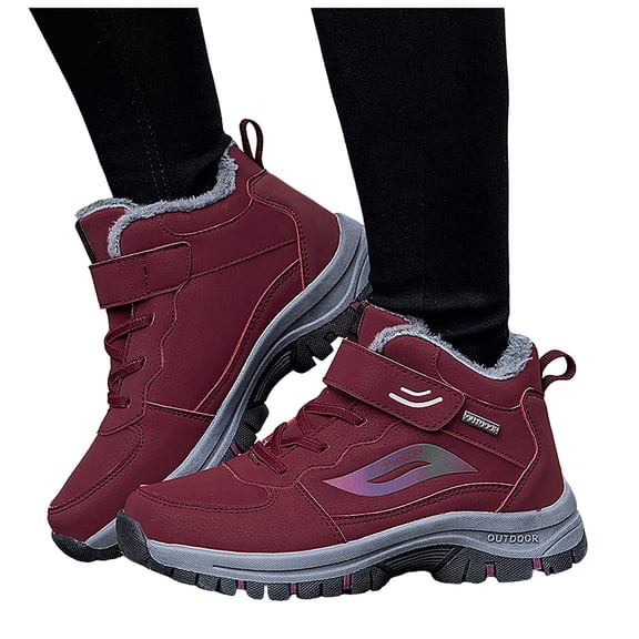 Women's Winter Warm Waterproof Slip On Ankle Snow Boots Comfortable Non Slip Lightweight Hiking Booties with Arch Support Red Size 7.5