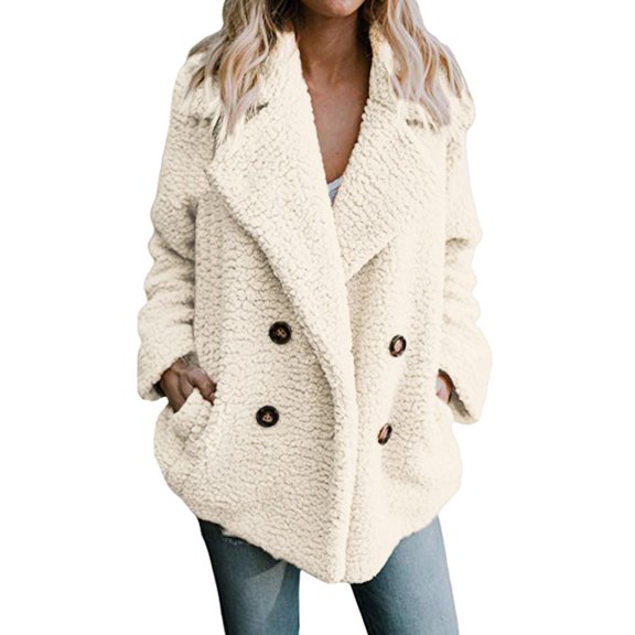 Women's Winter Warm Wool Blend Jacket - Casual Lapel Long-Sleeve Overcoat, White, XXXL