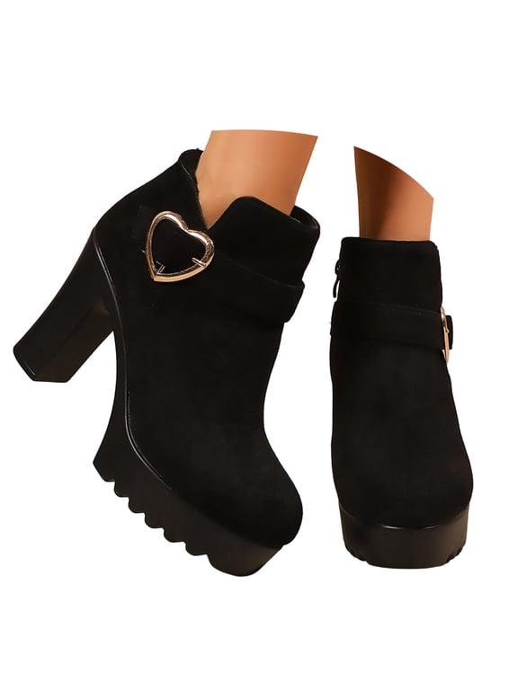 Women's Winter Wedge Dressy Ankle Boots Suede Round Toe Comfy Hidden Heel Short Booties Ankle Boots Finish Casual Fall Winter Footwear Elegant Heart Detail Design