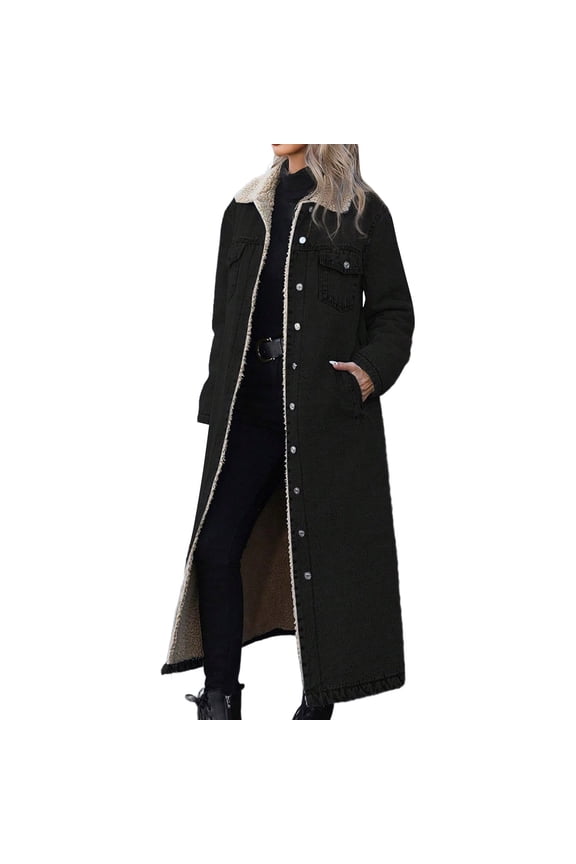 Women's Winter Windproof Lined Long Denim Coat Trucker Jacket BK2 M