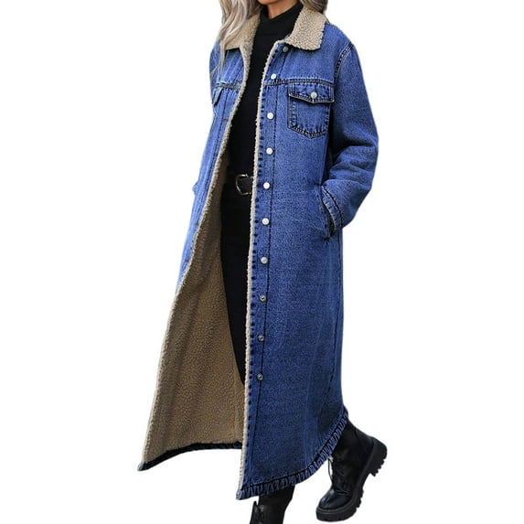 Women's Winter Windproof Lined Long Denim Coat Trucker Jacket Dark Blue L