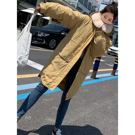 Women's Winter Windproof Padded Long Down Coat Faux Fur Hood Long Coat Jacket Plus Size Padded Thick Zip Up Jacket