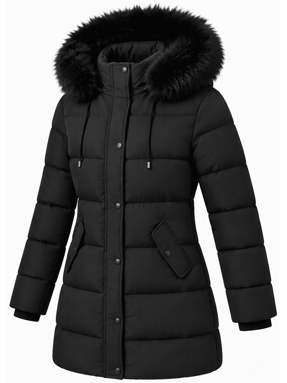Women's Long Winter Coats Thicken Fleece Lined Parka Down Puffer Jacket With Faux Fur Detachable Hood, Black L