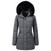 Women's Winter Coats Long Warm Thicken Puffer Jackets Outwear With Removable Faux Fur Hood, Gray XL