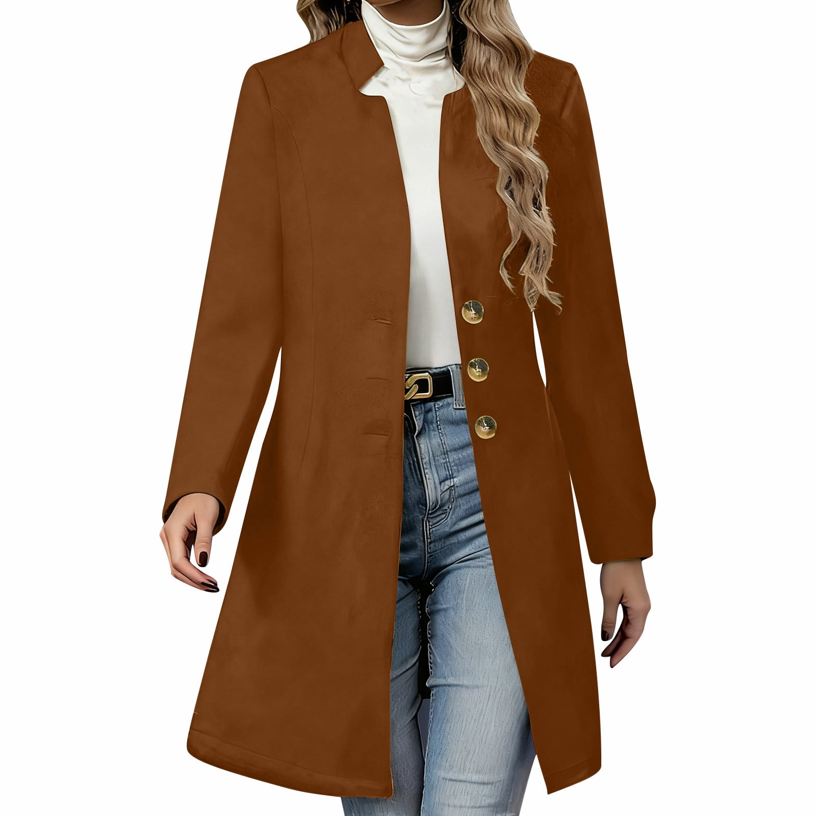 Women's Winter Wool Blend Camel Mid-Long Coat Casual Single-Breasted Lapel Jacket Outwear With Pockets