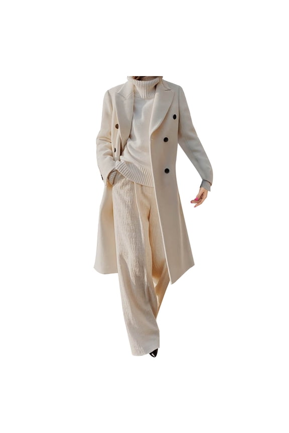 Women's Winter Wool Blend Coat Casual Notch Lapel Long Sleeve Double Breasted Peacoat Over Coats Long Jackets (S, White)