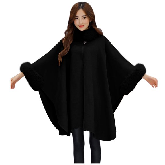 Women's Winter Wool Blended Faux Fur Coats Warm Baggy Oversized Shawl Wraps Cloak Trench Coat Poncho Cape Outwear