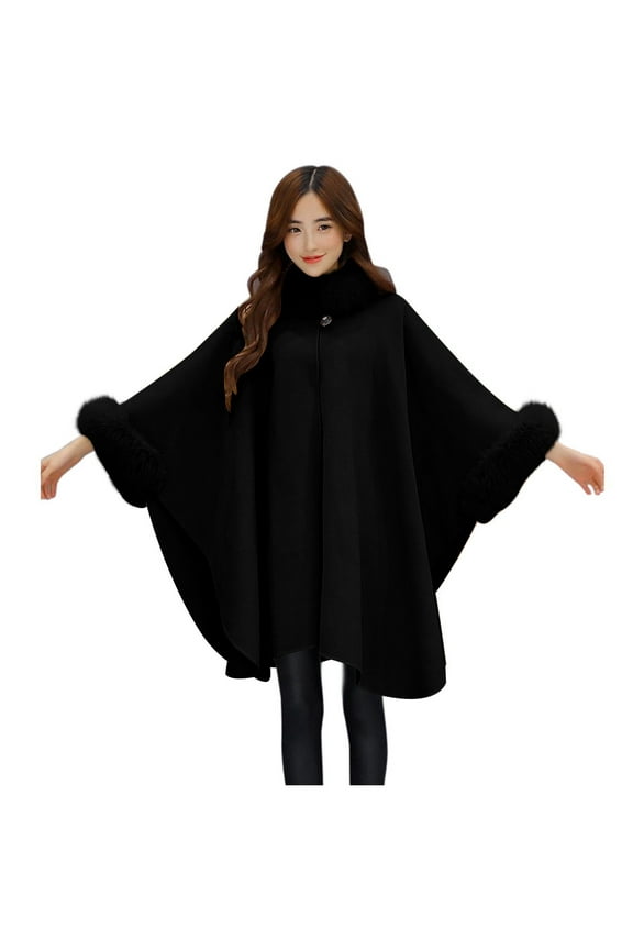 Women's Winter Wool Blended Faux Fur Coats Warm Baggy Oversized Shawl Wraps Cloak Trench Coat Poncho Cape Outwear