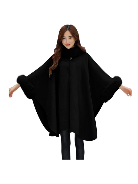 Women's Winter Wool Blended Faux Fur Coats Warm Baggy Oversized Shawl Wraps Cloak Trench Coat Poncho Cape Outwear
