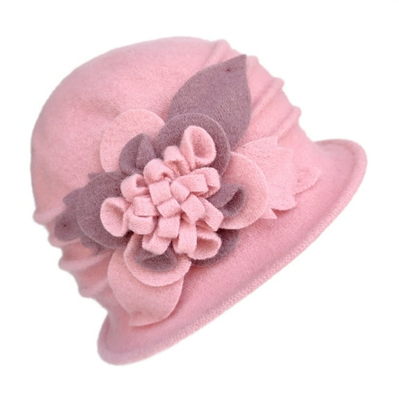 Women's Winter Wool Cloche Hat with Flower Accent, Retro 1920s Style Bucket Hat, Warm Beret Design for Cold Weather, Elegant Church Hat for Christmas, Mother's Day and Special Occasions - Pink