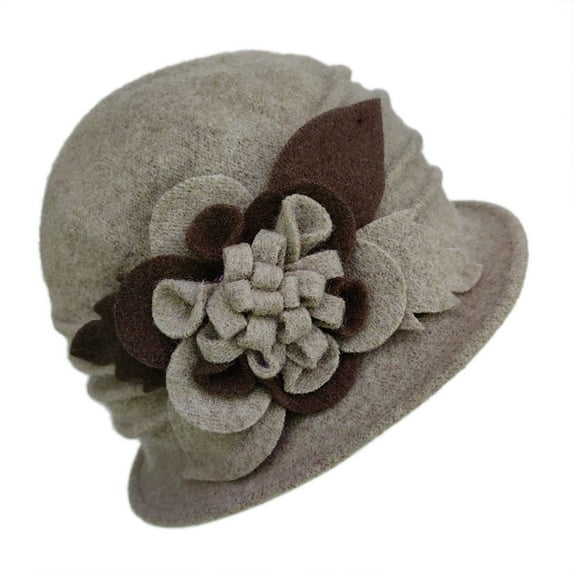 Women's Winter Wool Cloche Hat with Flower Accent, Retro 1920s Style Bucket Hat, Warm Beret Design for Cold Weather, Elegant Church Hat for Christmas, Mother's Day and Special Occasions - Khaki